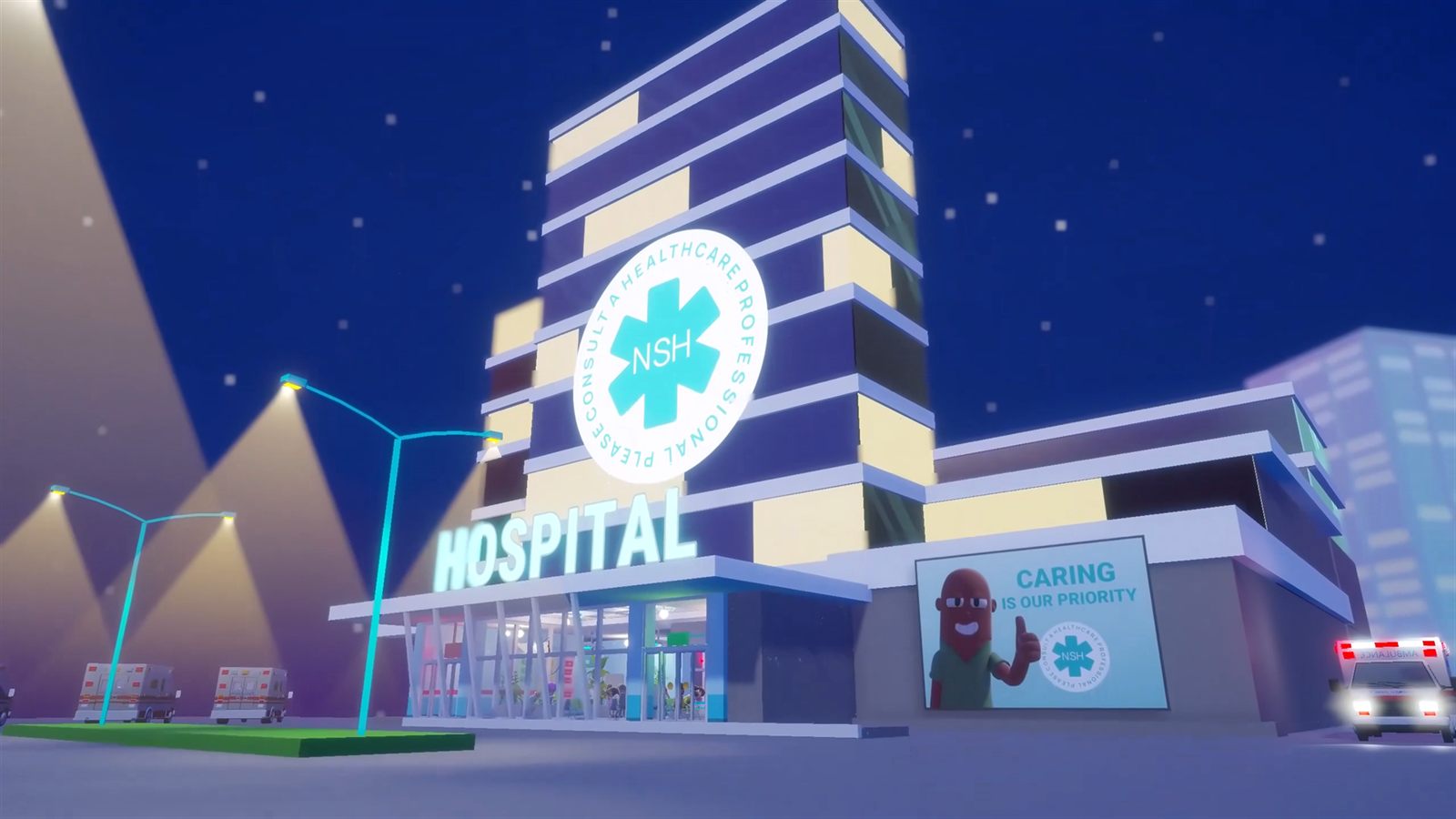Night Shift Hospital key art: a stylised hospital at night with the NSH emblem and an ambulance